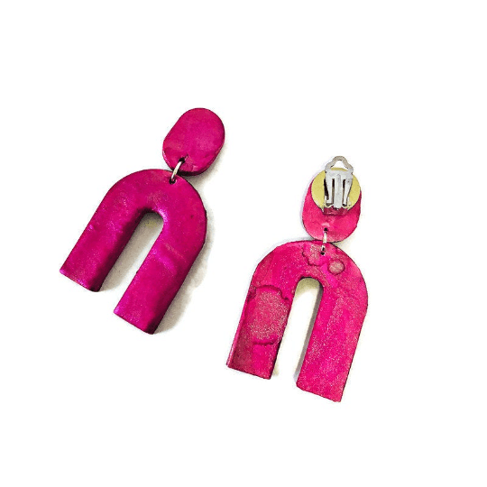 Neon Pink Clip On Statement Earrings with U Shape Arch - Sassy Sacha Jewelry
