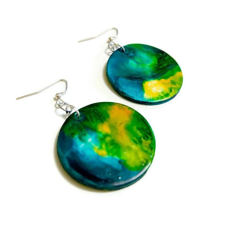 Northern Light Earrings, Abstract Statement Disc Earrings Handmade, Large Clay Earrings Painted Alcohol Ink, Northern Canada Newfoundland - Sassy Sacha Jewelry