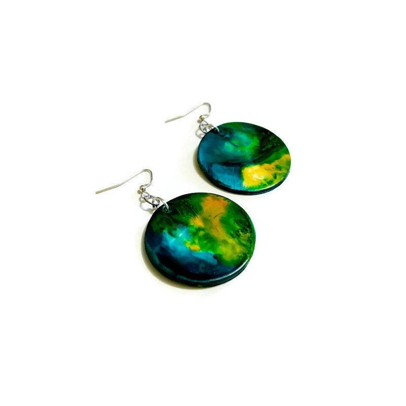 Northern Light Earrings, Abstract Statement Disc Earrings Handmade, Large Clay Earrings Painted Alcohol Ink, Northern Canada Newfoundland - Sassy Sacha Jewelry