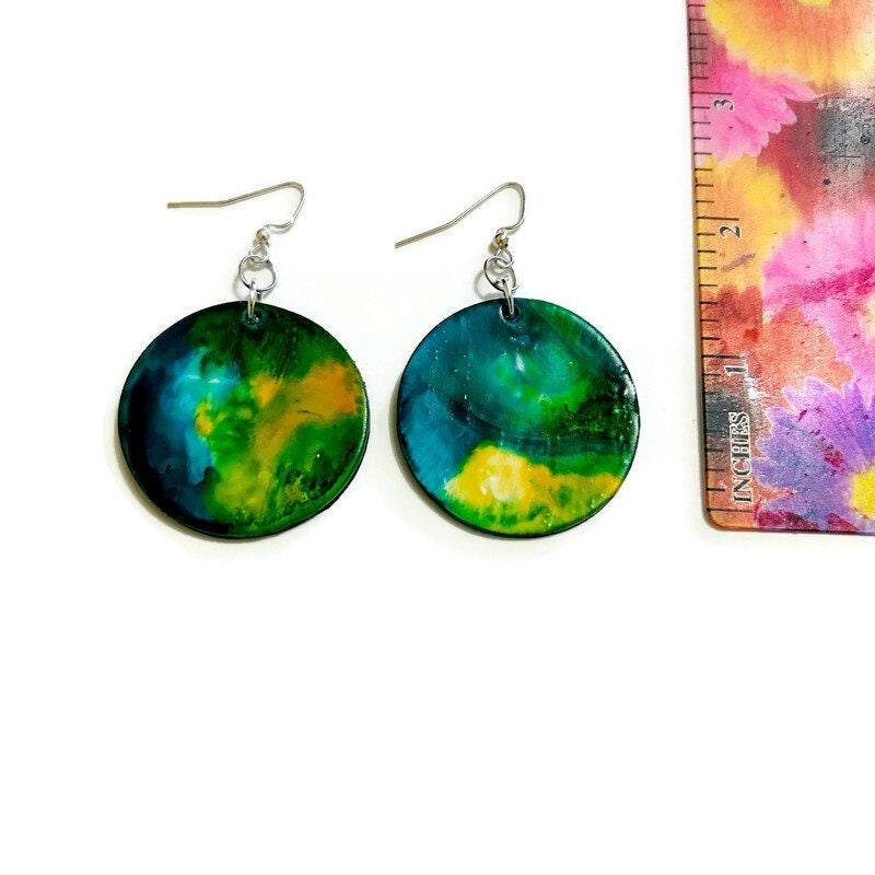 Northern Light Earrings, Abstract Statement Disc Earrings Handmade, Large Clay Earrings Painted Alcohol Ink, Northern Canada Newfoundland - Sassy Sacha Jewelry