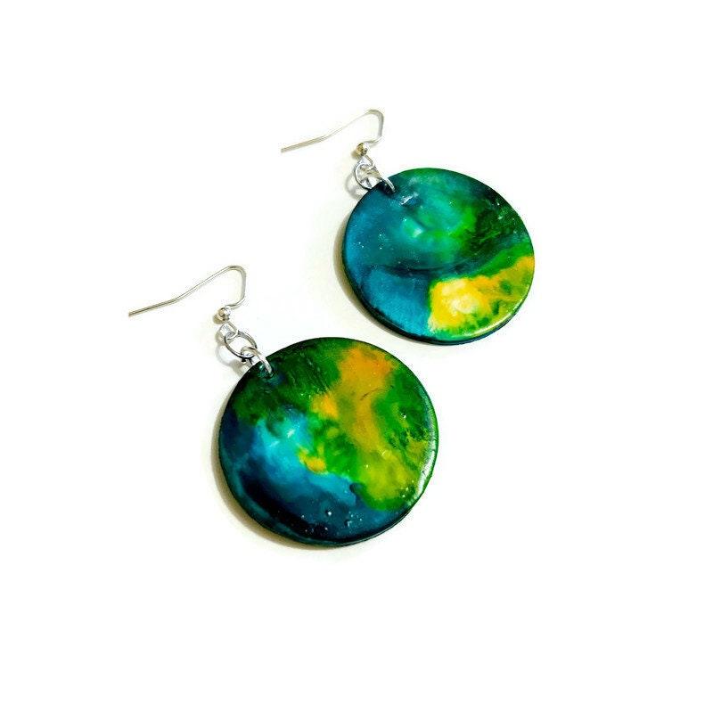 Northern Light Earrings, Abstract Statement Disc Earrings Handmade, Large Clay Earrings Painted Alcohol Ink, Northern Canada Newfoundland - Sassy Sacha Jewelry