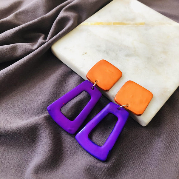 Open Rectangle Clay Earrings Painted Purple & Orange- "Ava" - Sassy Sacha Jewelry