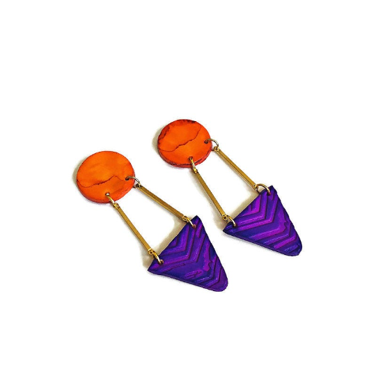Orange & Purple Art Deco Earrings Handmade- "Dupa" - Sassy Sacha Jewelry