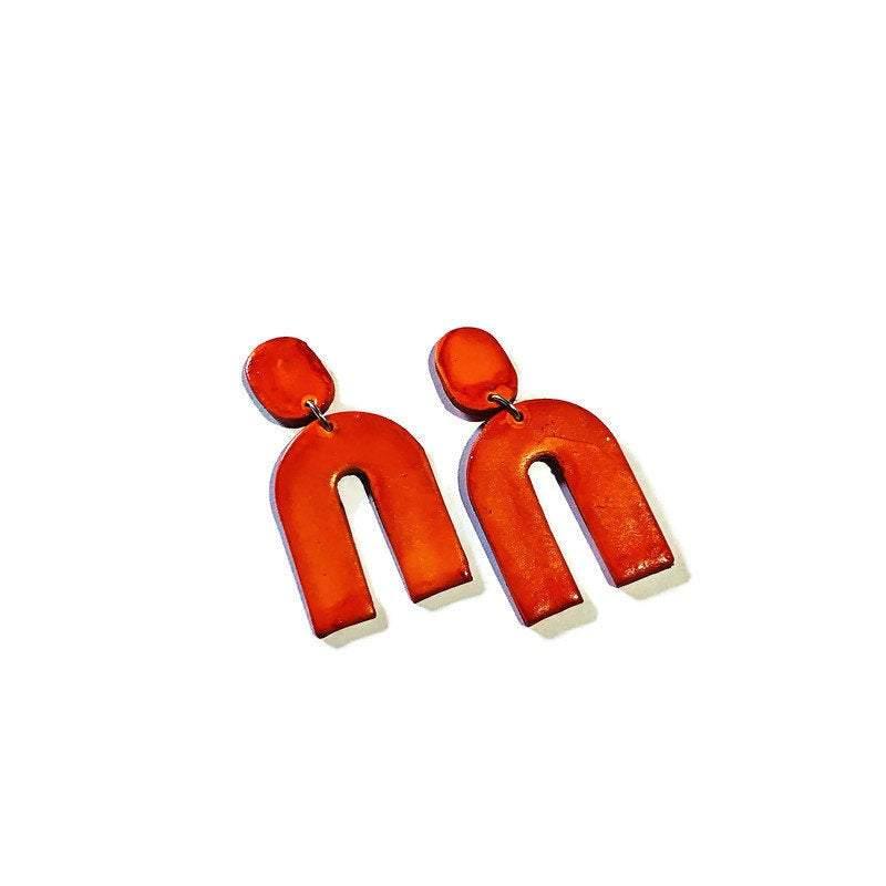 orange arch statement earrings post or clip ons- "Lucy" - Sassy Sacha Jewelry