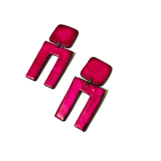 Hot Pink Geometric Arch Earrings Handmade, 70s 80s Jewelry - Sassy Sacha Jewelry