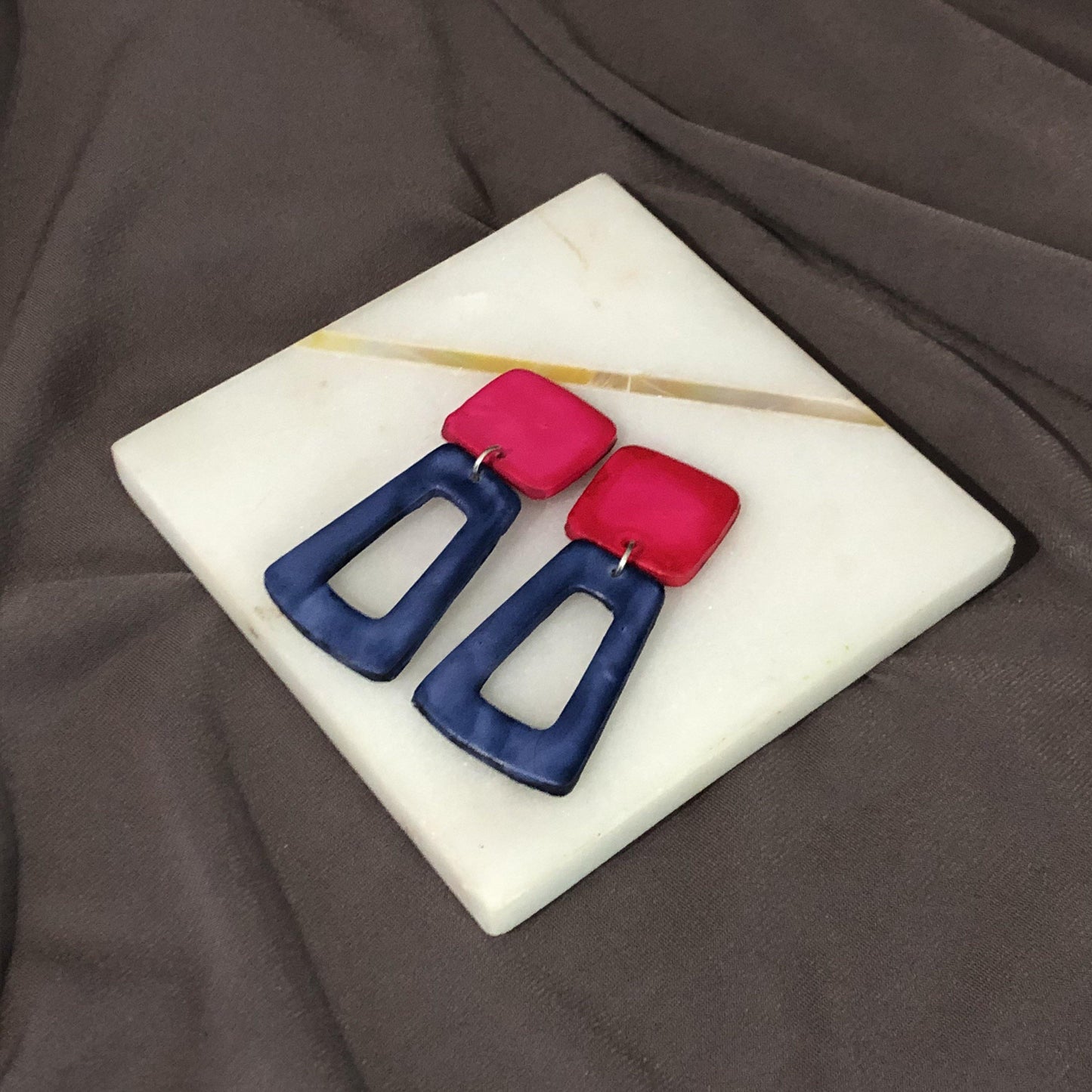 Pink and Denim Art Deco Earrings, Open Rectangle Statement Earrings- "Ava" - Sassy Sacha Jewelry
