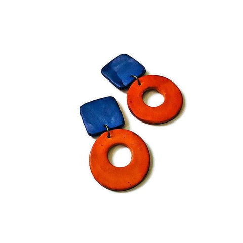 Polymer Clay Earrings Painted Orange & Blue - Sassy Sacha Jewelry