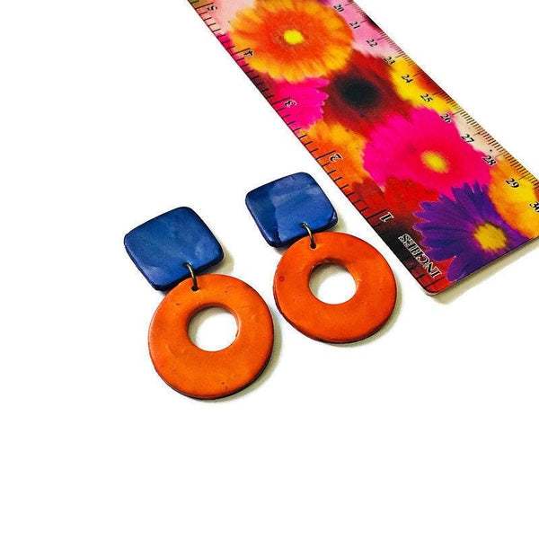 Polymer Clay Earrings Painted Orange & Blue - Sassy Sacha Jewelry