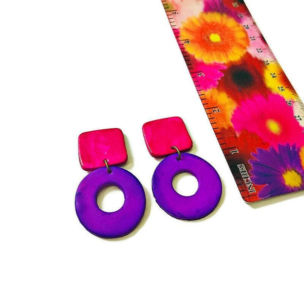 Purple & Pink Statement Earrings Handmade from Polymer Clay Alcohol Ink - Sassy Sacha Jewelry