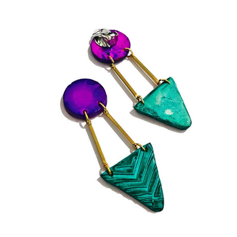 Big Geometric Clip On Earrings for Non Pierced Ears, Polymer Clay Painted Purple & Turquoise - Sassy Sacha Jewelry