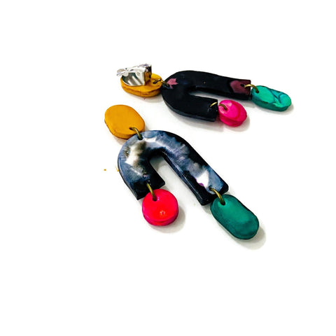 Quirky Asymmetric Clip On Earrings in Marble Black & White with Colorful Ascents - Sassy Sacha Jewelry