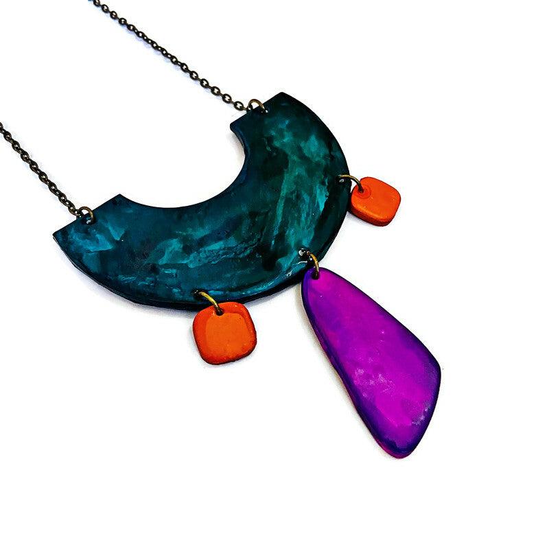 Quirky Statement Bib Necklace with Dangling Geometric Shapes- "Ricki" - Sassy Sacha Jewelry