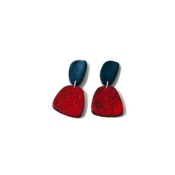 Red & Blue Small Clay Earrings Post or Clip Ons- "Duke" - Sassy Sacha Jewelry