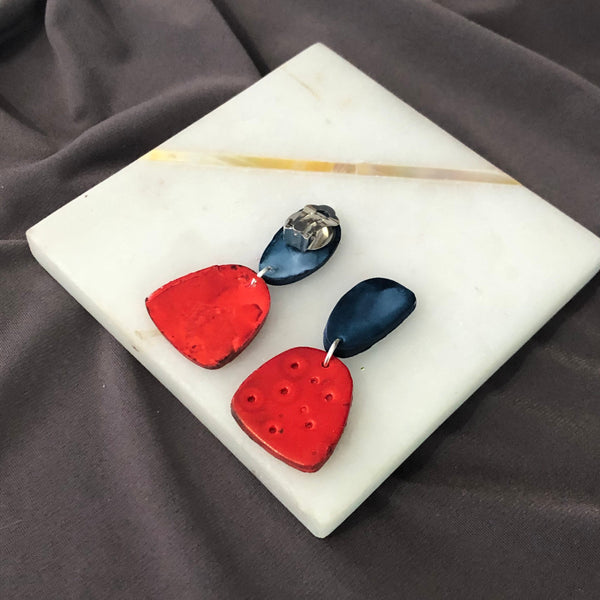 Red & Blue Small Clay Earrings Post or Clip Ons- "Duke" - Sassy Sacha Jewelry