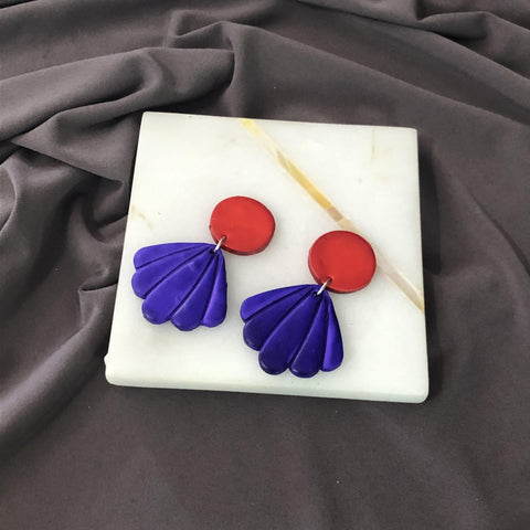 Red & Cobalt Blue Earrings, Seashell Drop Dangles or Clip Ons- "Sarah" - Sassy Sacha Jewelry