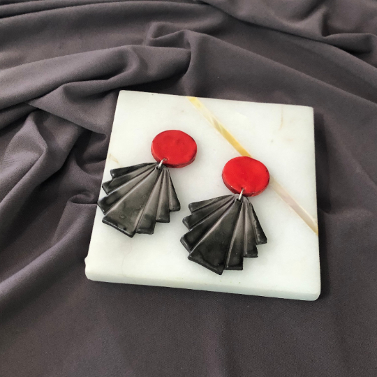 Oversized Fan Statement Earrings in Red & Grey, Hand Painted Clay Drop Dangles or Clip Ons - Sassy Sacha Jewelry