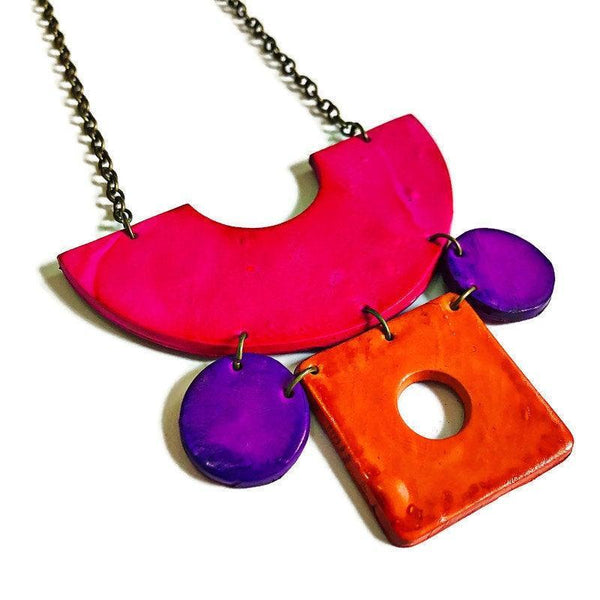 Retro Statement Necklace with Abstract Shapes in Neon Pink Purple Orange - Sassy Sacha Jewelry