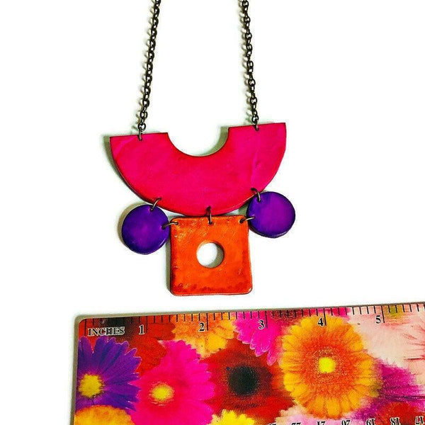 Retro Statement Necklace with Abstract Shapes in Neon Pink Purple Orange - Sassy Sacha Jewelry