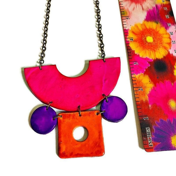 Retro Statement Necklace with Abstract Shapes in Neon Pink Purple Orange - Sassy Sacha Jewelry