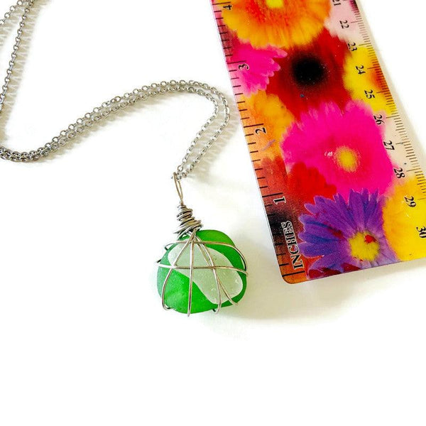 Sea Glass Pendant Necklace in Green & White - Sassy Sacha Jewelry