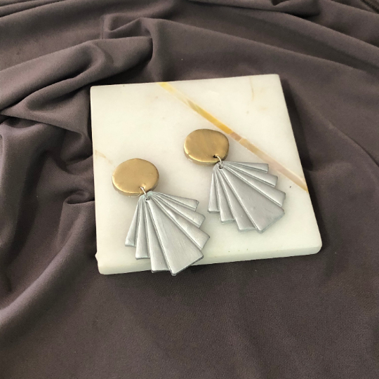 Art Deco Clip On Earrings with Geometric Fan, Painted Clay Drop Dangles - Sassy Sacha Jewelry