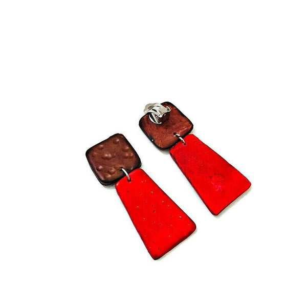 Statement Clip On Earrings in Red & Brown - Sassy Sacha Jewelry