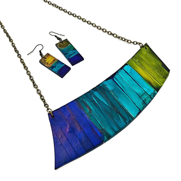 Statement Jewelry Set with Ombre Stripes, Bar Earrings & Asymmetric Necklace - Sassy Sacha Jewelry