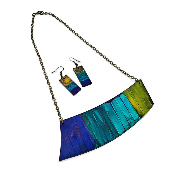 Statement Jewelry Set with Ombre Stripes, Bar Earrings & Asymmetric Necklace - Sassy Sacha Jewelry