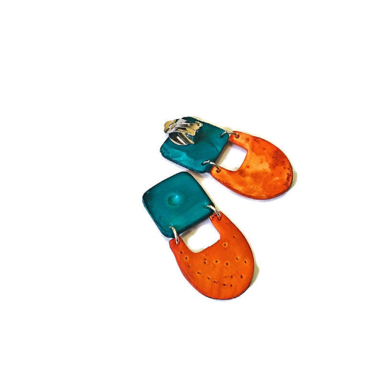 Handmade Statement Earrings in Teal & Burnt Orange - Sassy Sacha Jewelry
