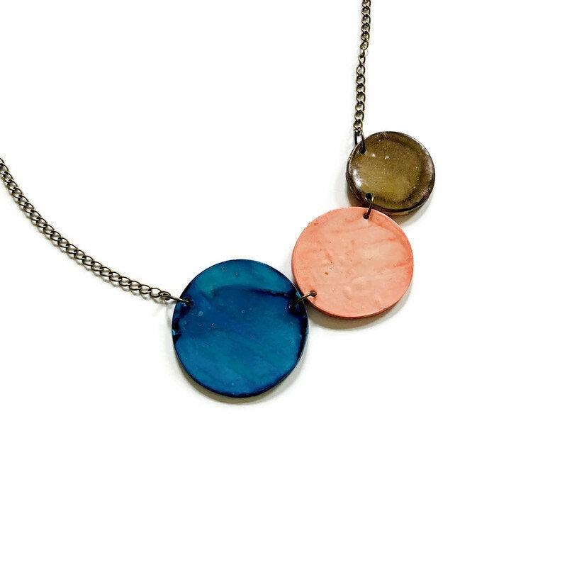 Three Circle Necklace in Denim Blue, Dusty Pink & Grey - Sassy Sacha Jewelry
