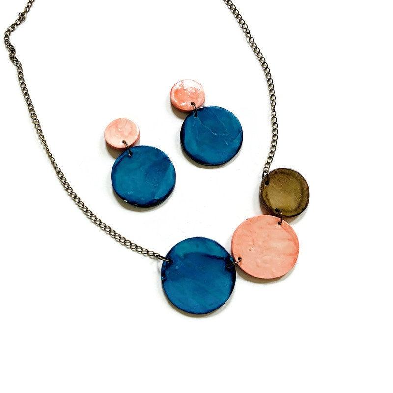 Three Circle Necklace in Denim Blue, Dusty Pink & Grey - Sassy Sacha Jewelry