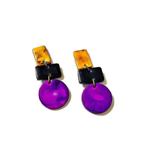 Unique Artsy Earrings Handmade from Clay & Painted Purple Yellow Black- "Dani" - Sassy Sacha Jewelry