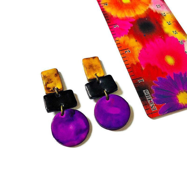 Unique Artsy Earrings Handmade from Clay & Painted Purple Yellow Black- "Dani" - Sassy Sacha Jewelry