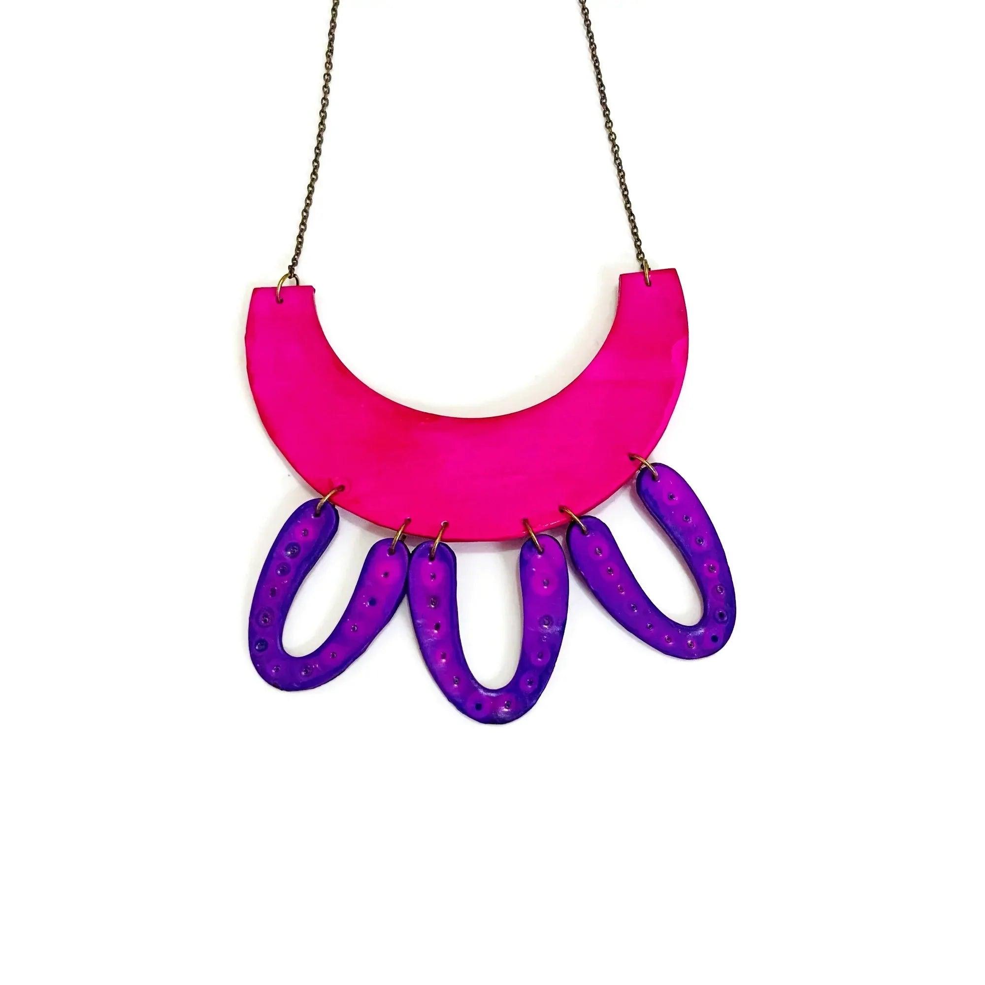 Unique Hot Pink Statement Necklace with Purple Arches - Sassy Sacha Jewelry