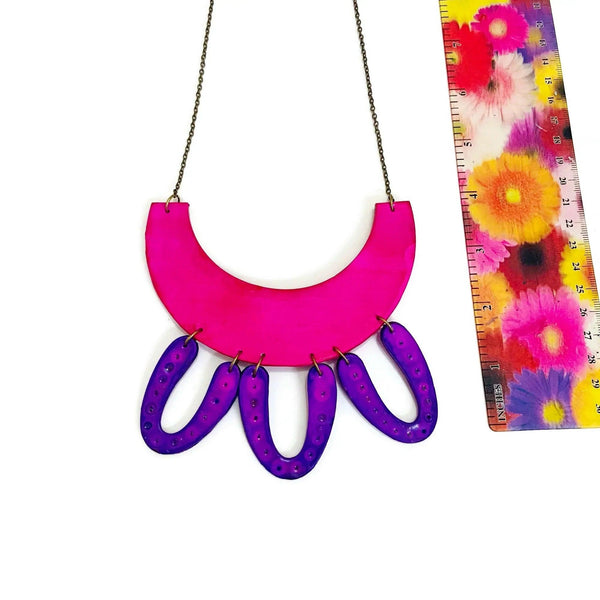 Unique Hot Pink Statement Necklace with Purple Arches - Sassy Sacha Jewelry