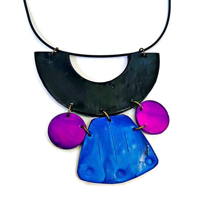 Unique Statement Necklace Handmade & Painted Blue Black Purple - Sassy Sacha Jewelry