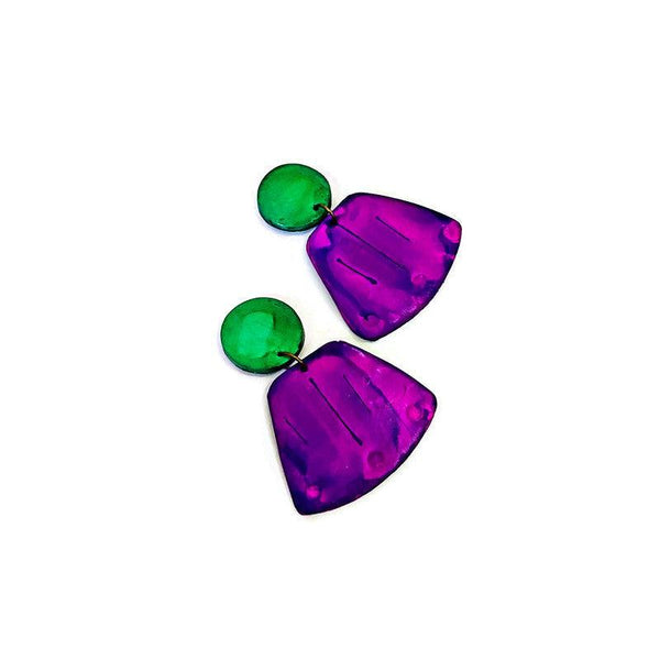 Wide Statement Earrings in Purple & Green- "Janet" - Sassy Sacha Jewelry