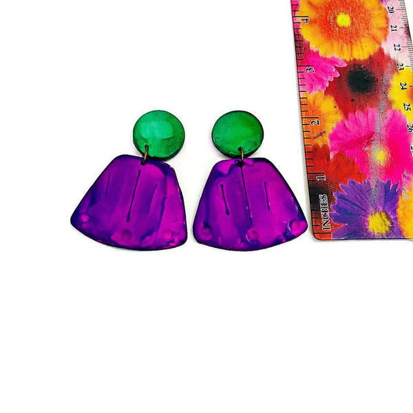 Wide Statement Earrings in Purple & Green- "Janet" - Sassy Sacha Jewelry