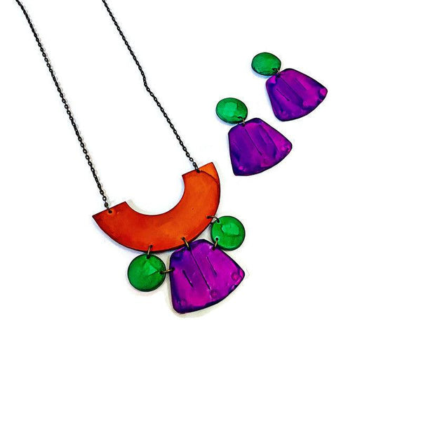 Wide Statement Earrings in Purple & Green- "Janet" - Sassy Sacha Jewelry