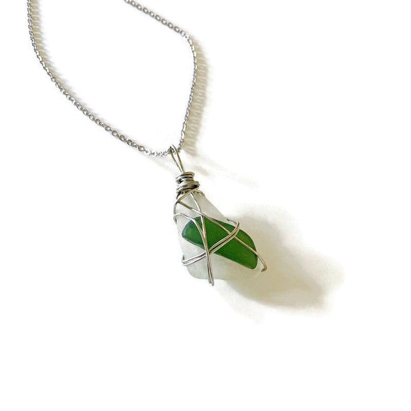 Wire Wrapped Sea Glass Pendant Necklace in Green & White - Sassy Sacha Jewelry