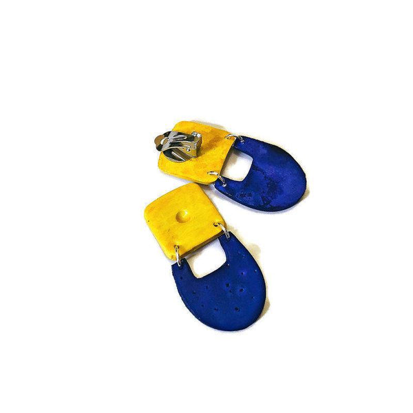 Yellow & Cobalt Blue Statement Earrings Handmade from Clay & Painted- "Val" - Sassy Sacha Jewelry