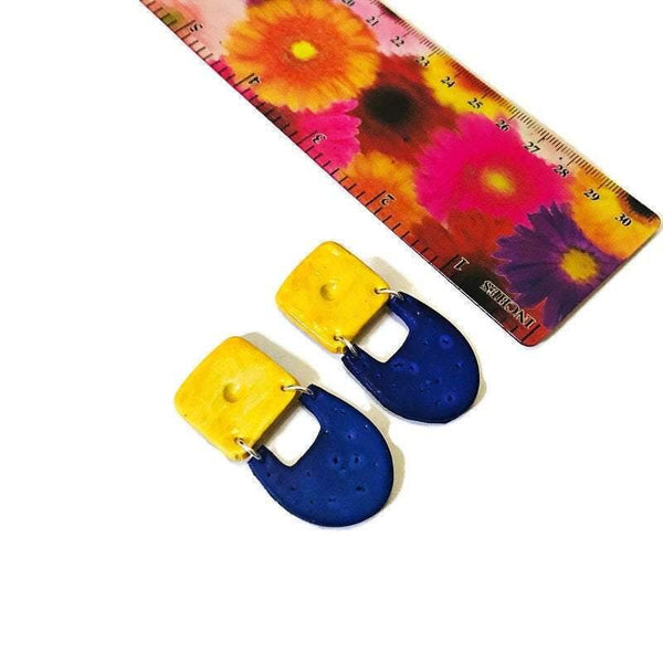 Yellow & Cobalt Blue Statement Earrings Handmade from Clay & Painted- "Val" - Sassy Sacha Jewelry