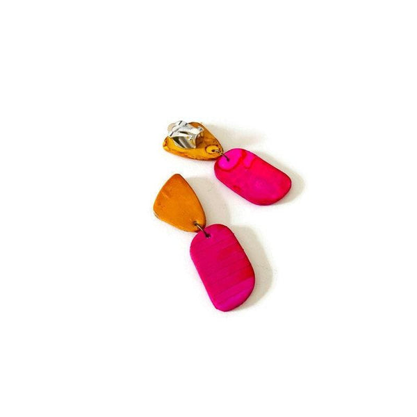 Yellow & Hot Pink Two Tone Earrings Handmade - Sassy Sacha Jewelry