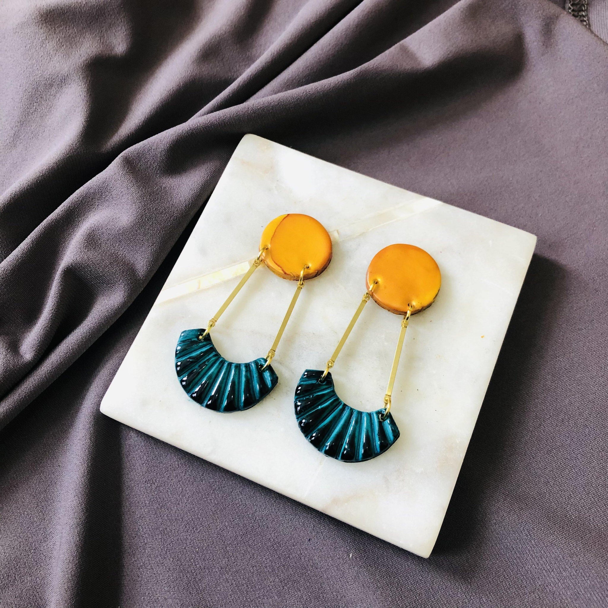 Yellow and Teal Earrings Handmade from Clay & Long Brass Bars- "Kia" - Sassy Sacha Jewelry