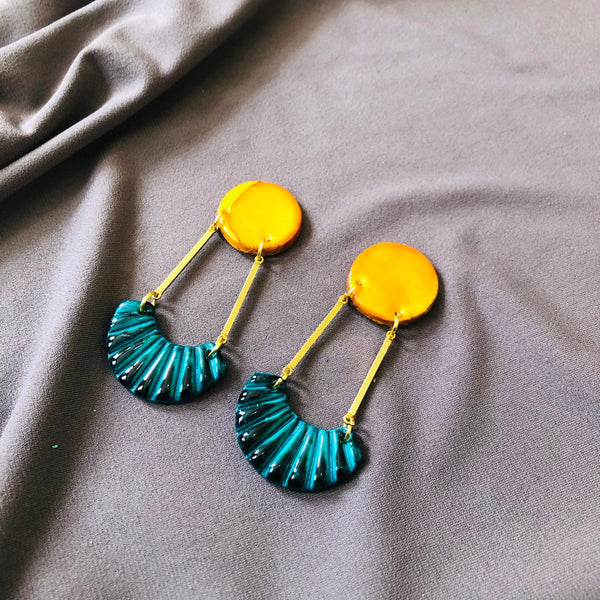 Yellow and Teal Earrings Handmade from Clay & Long Brass Bars- "Kia" - Sassy Sacha Jewelry